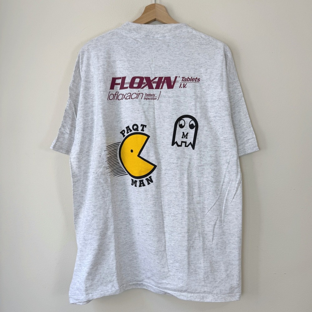 Vintage 90's Pac Man Floxin Tablets Medicine Video Game Grey Tee Shirt - XL
